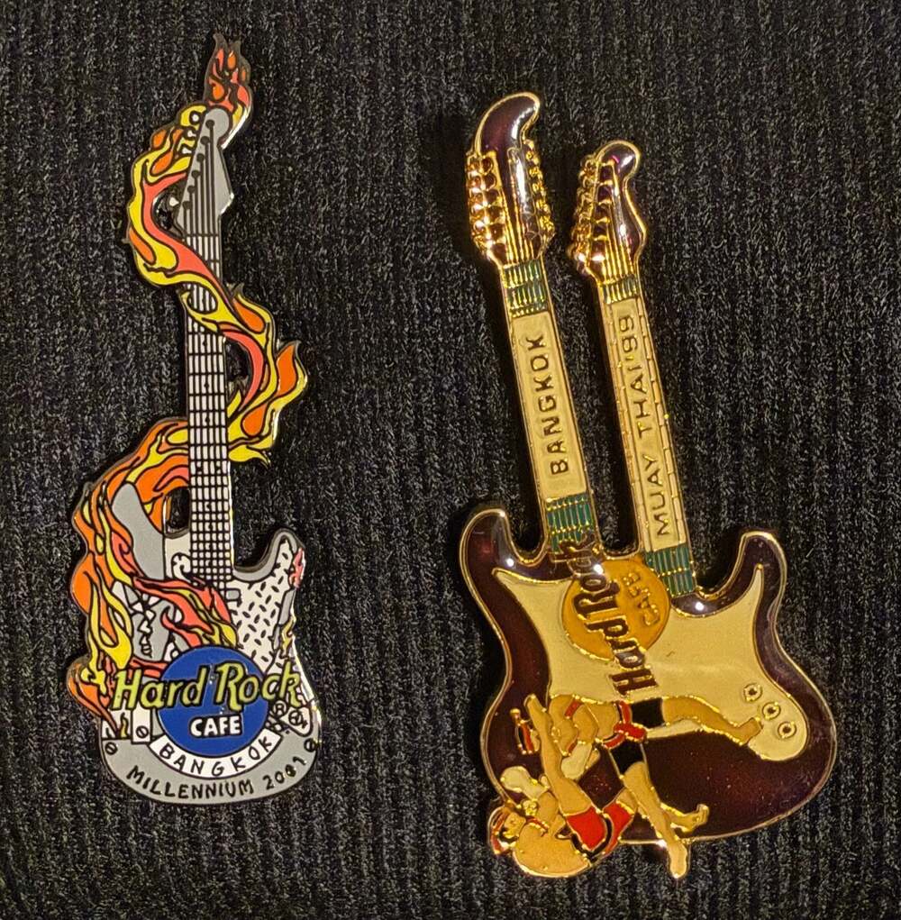 Hard Rock Cafe Bangkok Guitar Pins Lot of 2 - Millennium 2001 & Muay Thai 1999